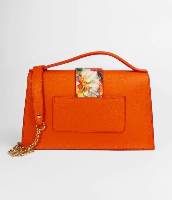 ALMA GRAINED LEATHER BAG WITH FLORAL DETAIL - ORANGE