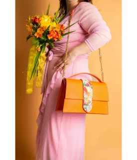 ALMA GRAINED LEATHER BAG WITH FLORAL DETAIL - ORANGE