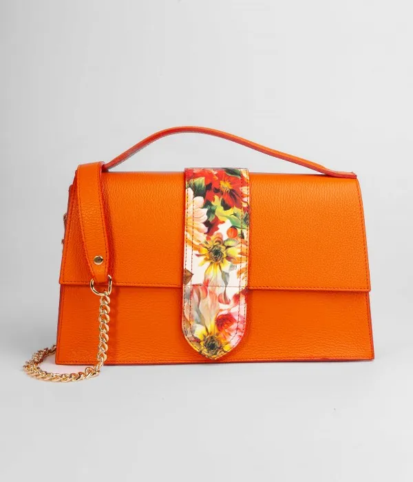 ALMA GRAINED LEATHER BAG WITH FLORAL DETAIL - ORANGE