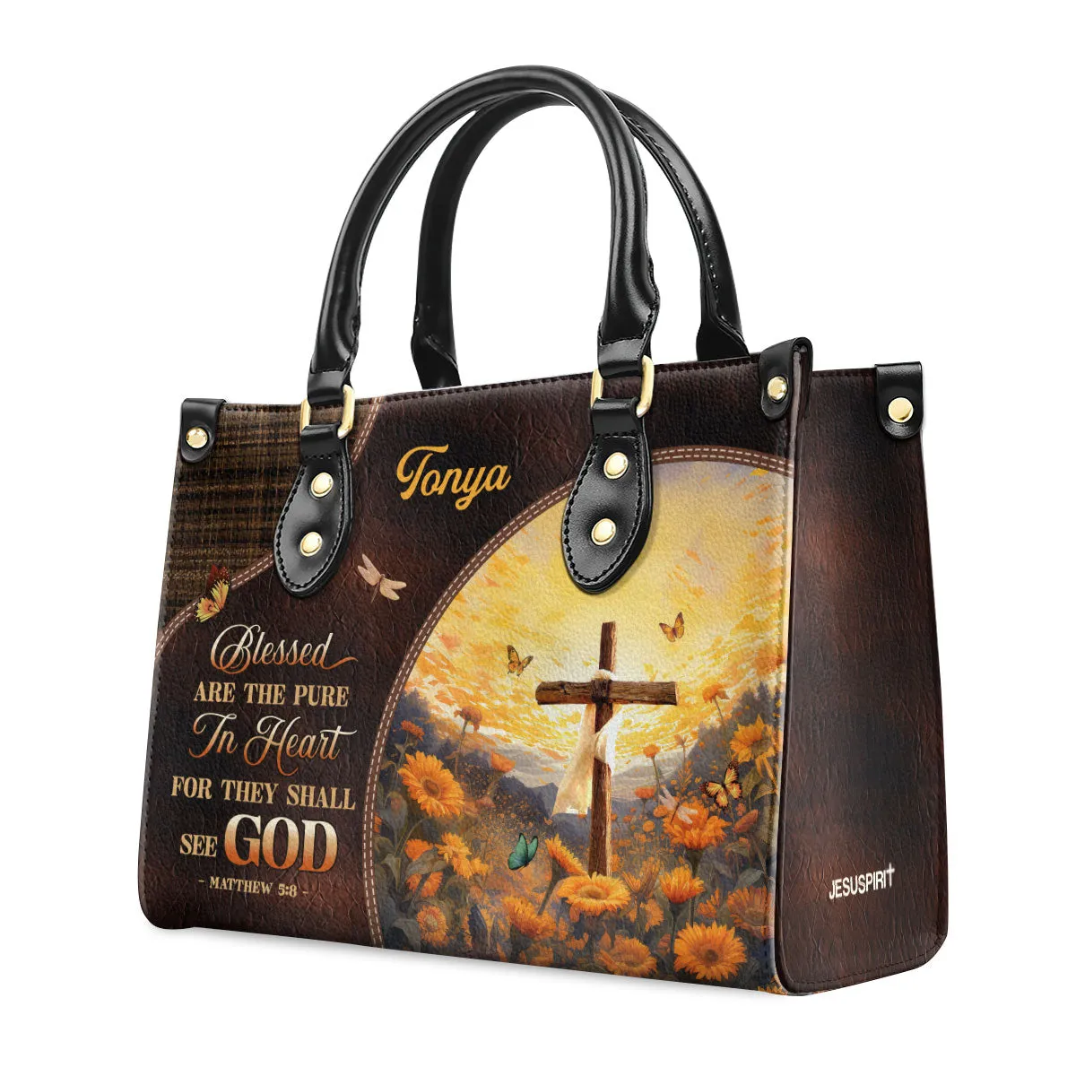 Blessed Are The Pure Personalized Leather Handbag With Handle For Women