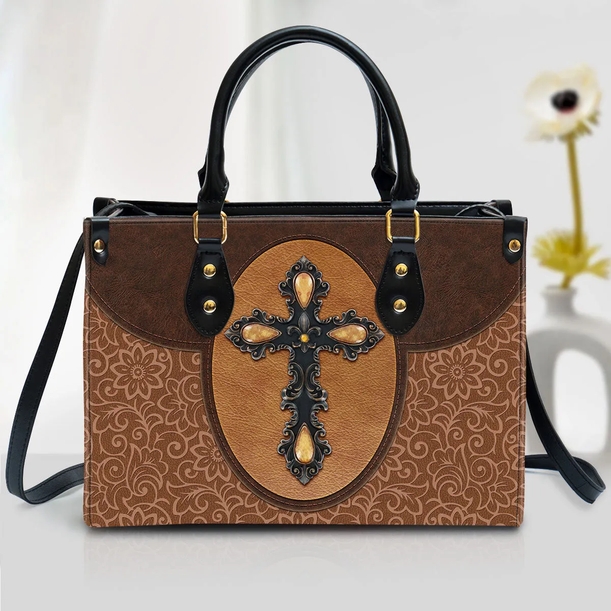 Brown Cross Leather Handbag - Religious Gifts For Women - Women Pu Leather Bag