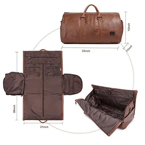 Carry On Garment Backpack, Waterproof Mens Garment Bag for Travel Duffle Bag Business, Leather Duffel Bag with Shoe Compartment -Brown