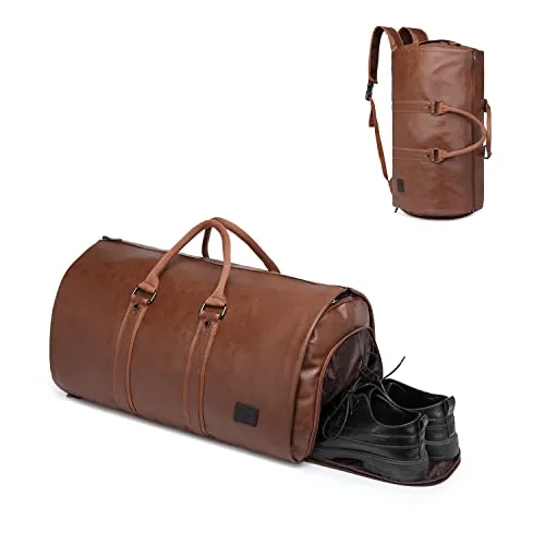 Carry On Garment Backpack, Waterproof Mens Garment Bag for Travel Duffle Bag Business, Leather Duffel Bag with Shoe Compartment -Brown