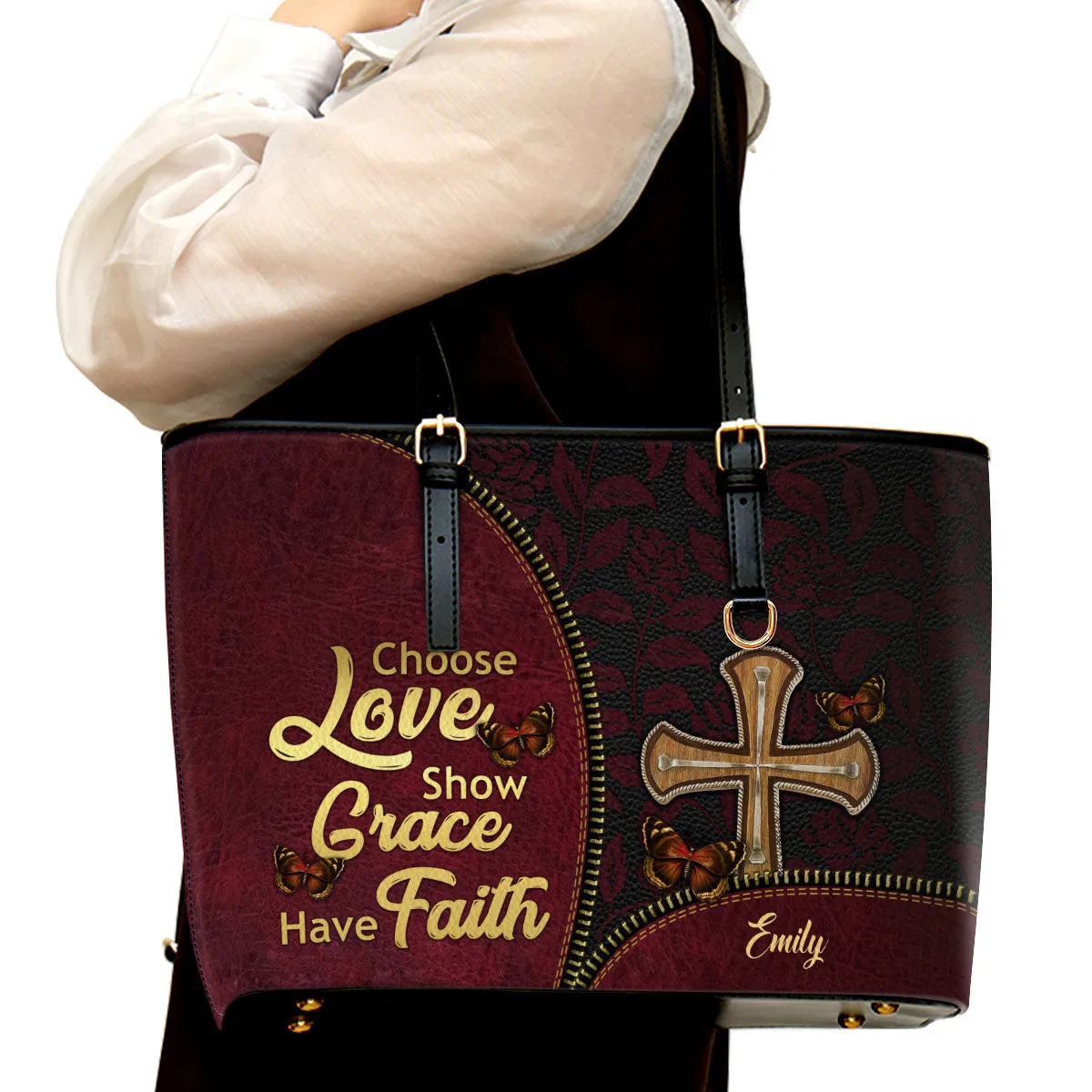 Choose Love Show Grace Have Faith Personalized Large Leather Tote Bag - Christian Gifts For Women