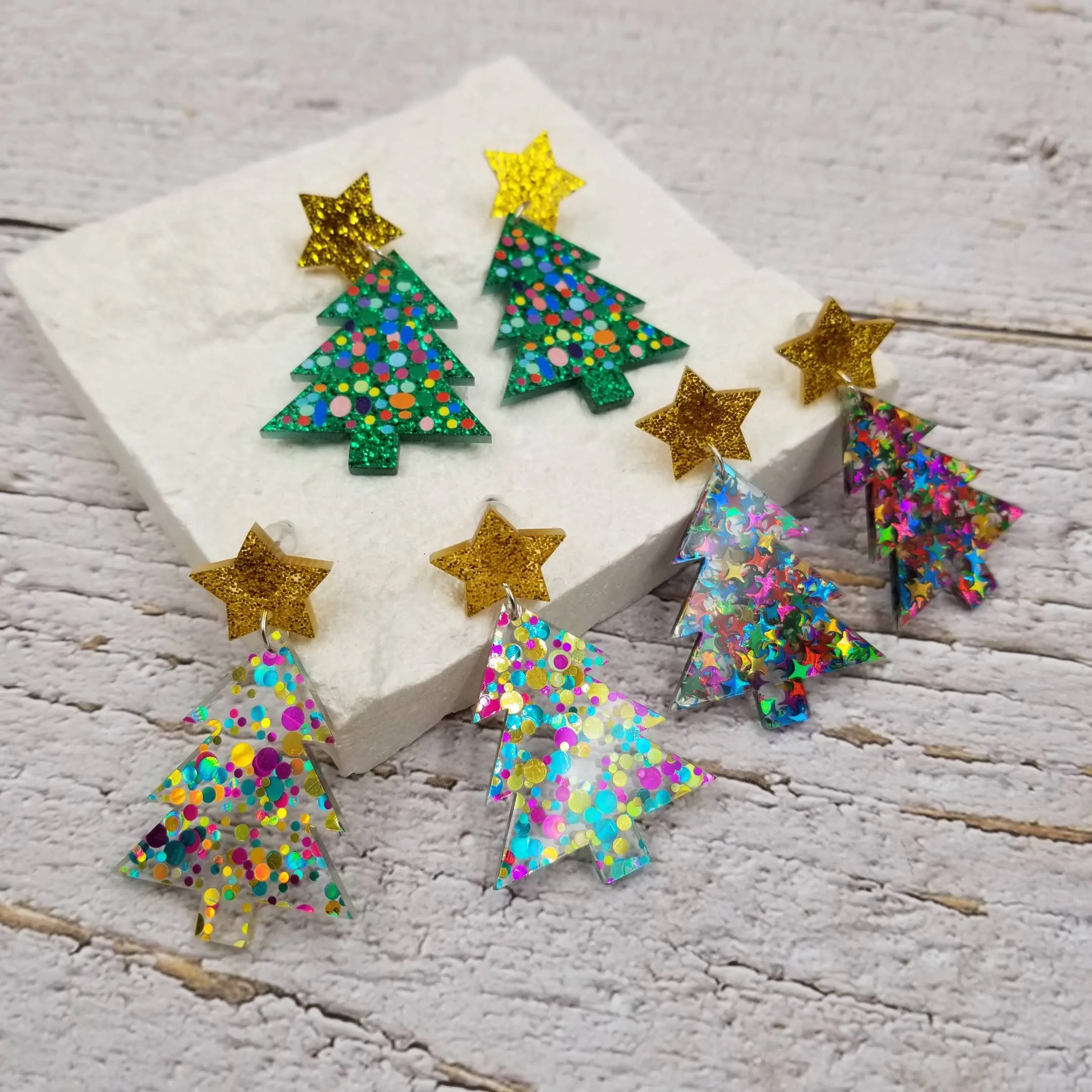 Confetti Star Christmas Tree Earrings - 3 Color