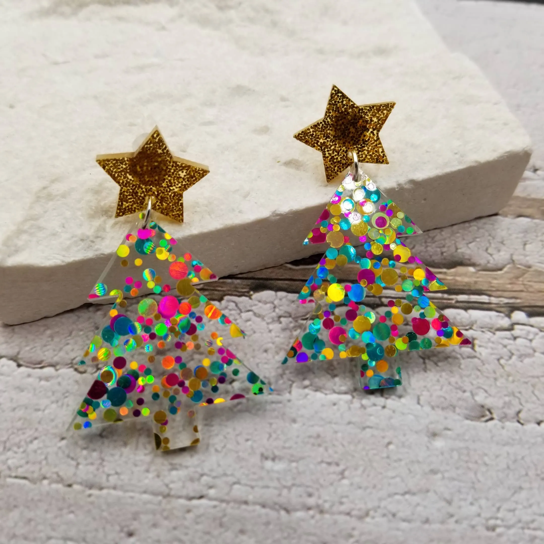 Confetti Star Christmas Tree Earrings - 3 Color