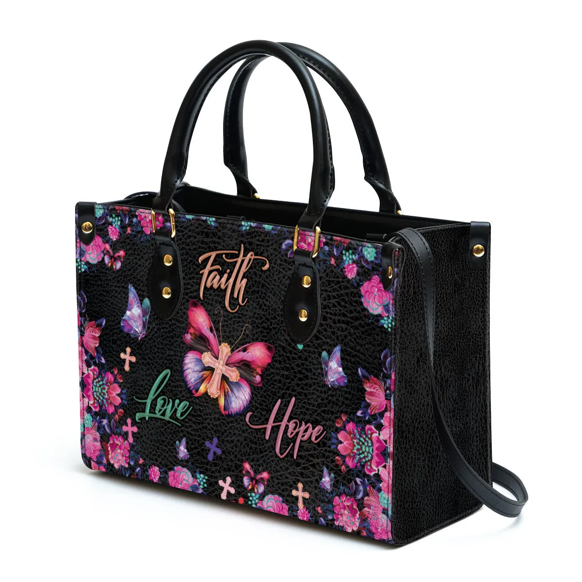 Flower Leather Handbag - Faith Hope Love Leather Bag - Religious Gifts For Women - Women Pu Leather Bag