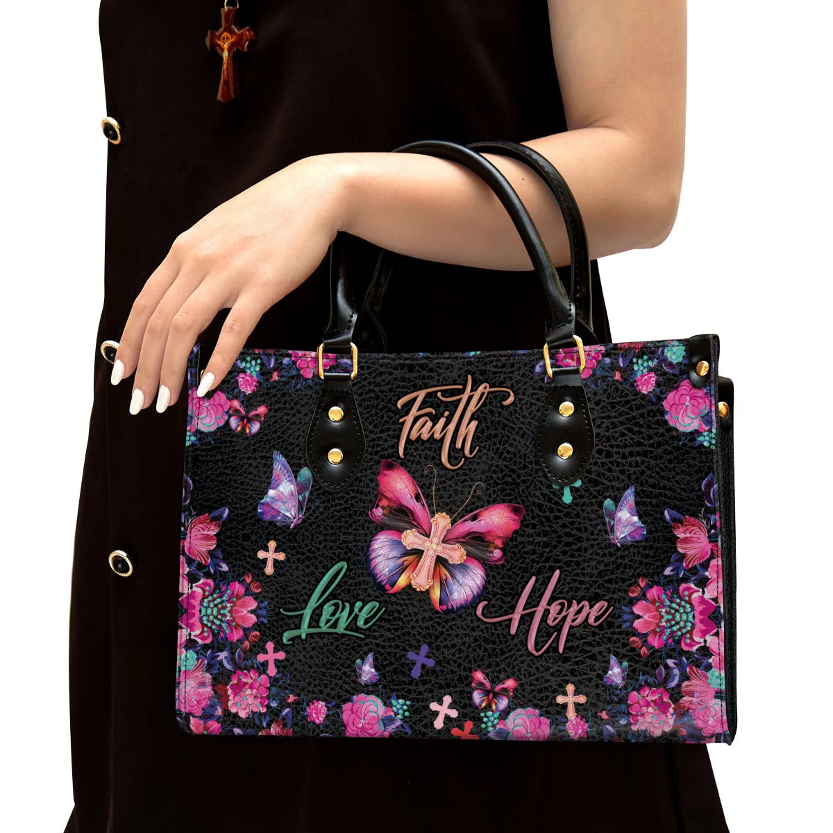 Flower Leather Handbag - Faith Hope Love Leather Bag - Religious Gifts For Women - Women Pu Leather Bag