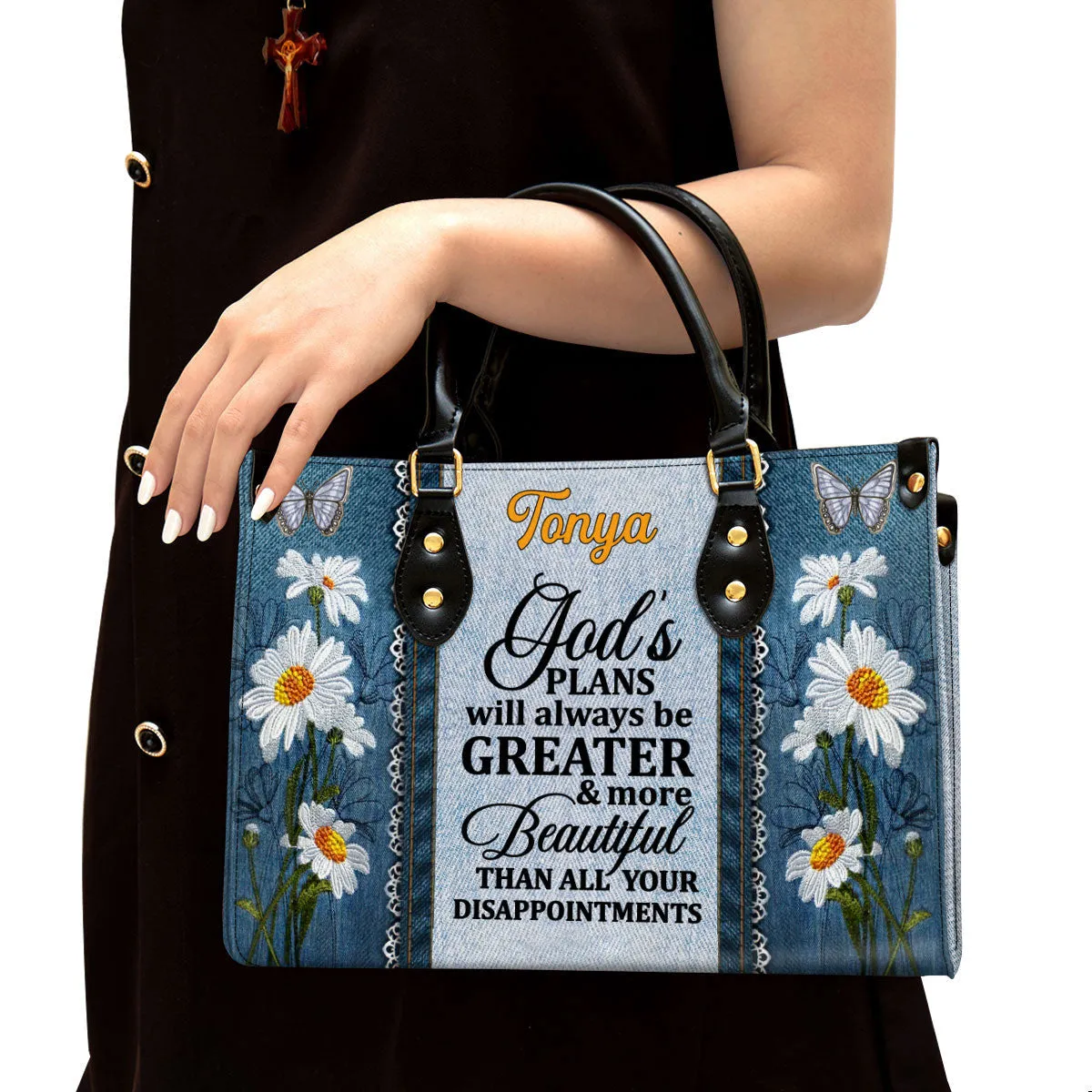 God's Plans Will Always Be Greater Than All Your Disappointments Daisy & Butterfly Leather Bag - Personalized Leather Bag for Christian Women