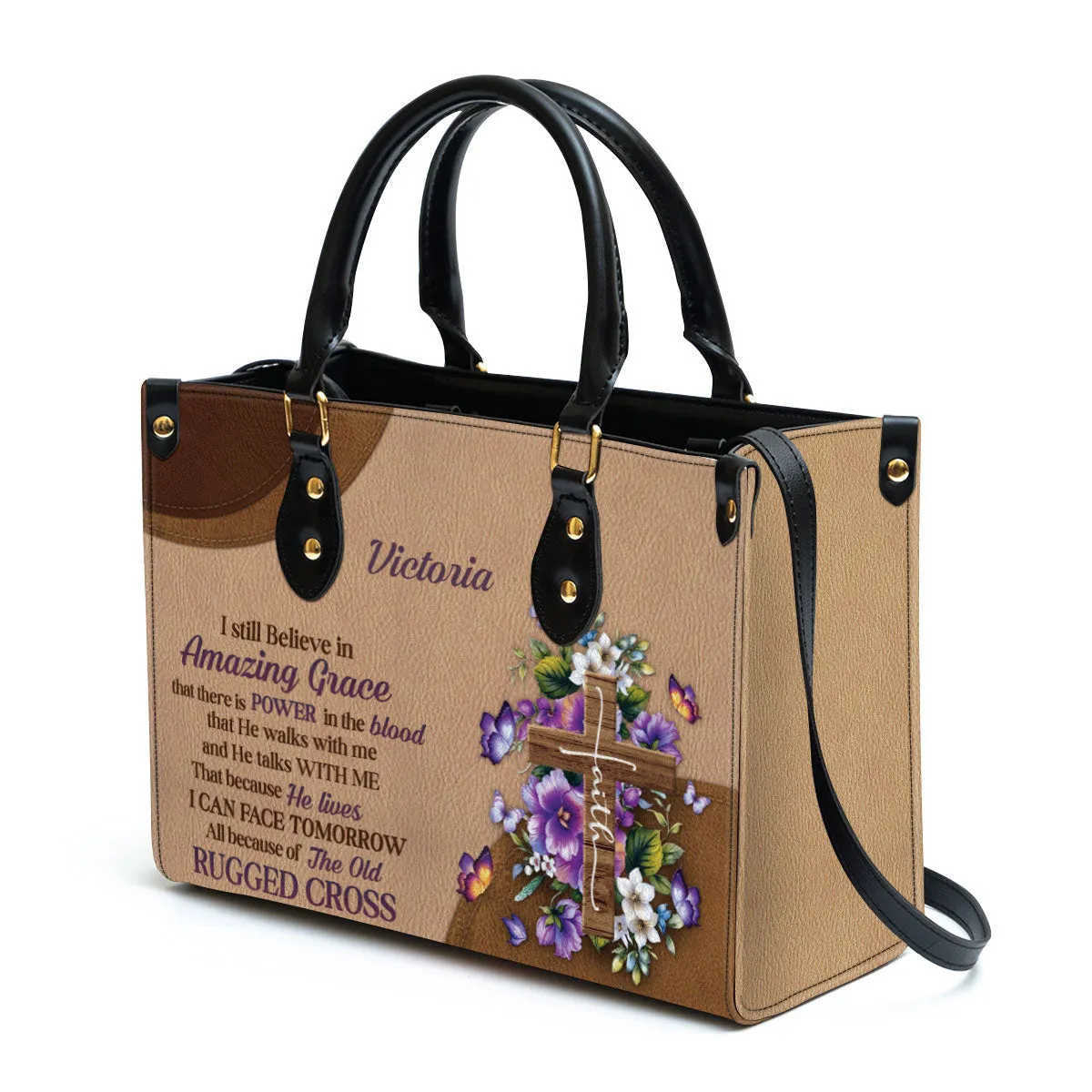 I Still Believe In Amazing Grace Leather Bag - Custom Name Floral Cross Leather Handbag - Christian Gifts For Women