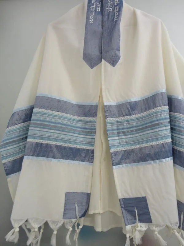 Light Blue and Silver Stripes on Wool Tallit, Bar Mitzvah Tallit, Tzitzit Custom Tallit from Israel