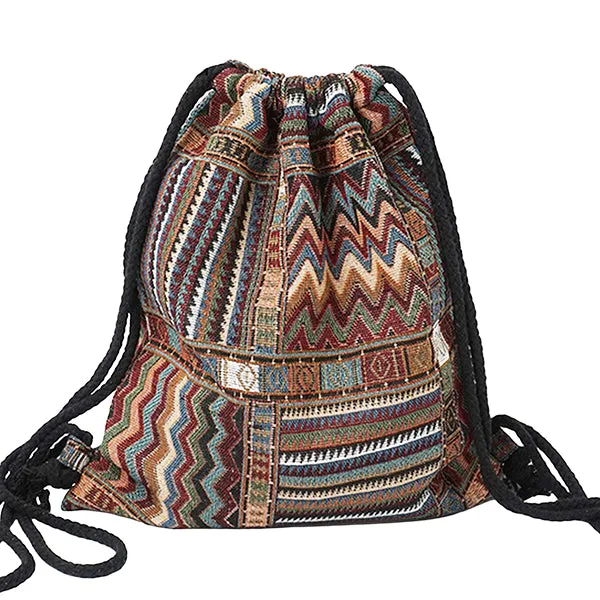 Lilyhood Boho Chic Fabric Drawstring Backpack with Ethnic Designs