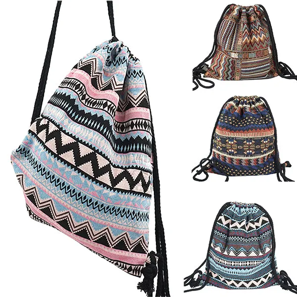 Lilyhood Boho Chic Fabric Drawstring Backpack with Ethnic Designs