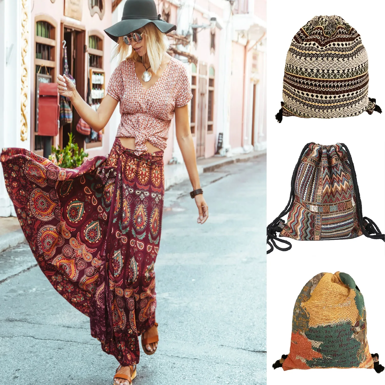 Lilyhood Boho Chic Fabric Drawstring Backpack with Ethnic Designs