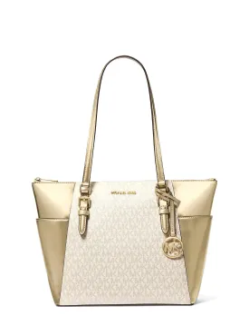 Michael Kors Women's Charlotte Large Signature Logo and Metallic Top-Zip Tote Bag