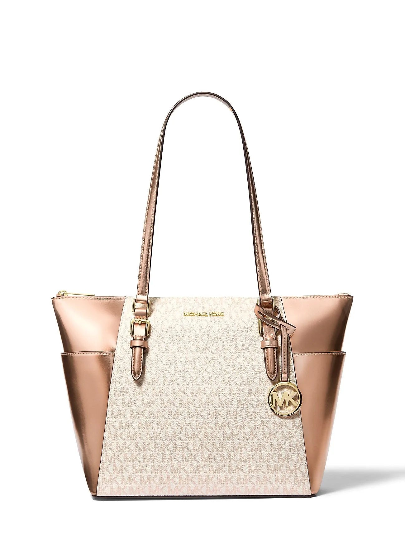 Michael Kors Women's Charlotte Large Signature Logo and Metallic Top-Zip Tote Bag