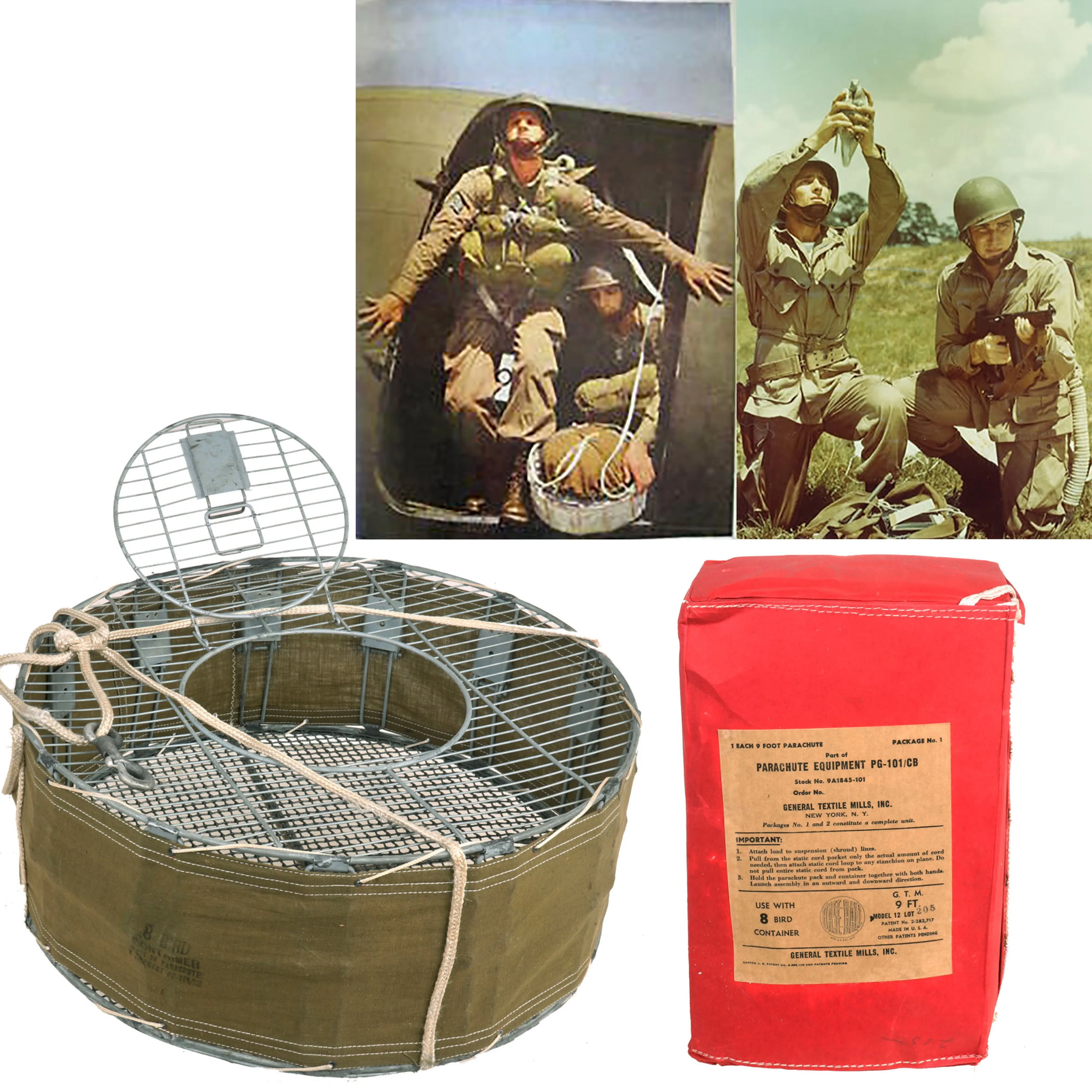 Original U.S. WWII Airborne Parachute Pigeon Cage Drop Cage Basket with Packaged Parachute