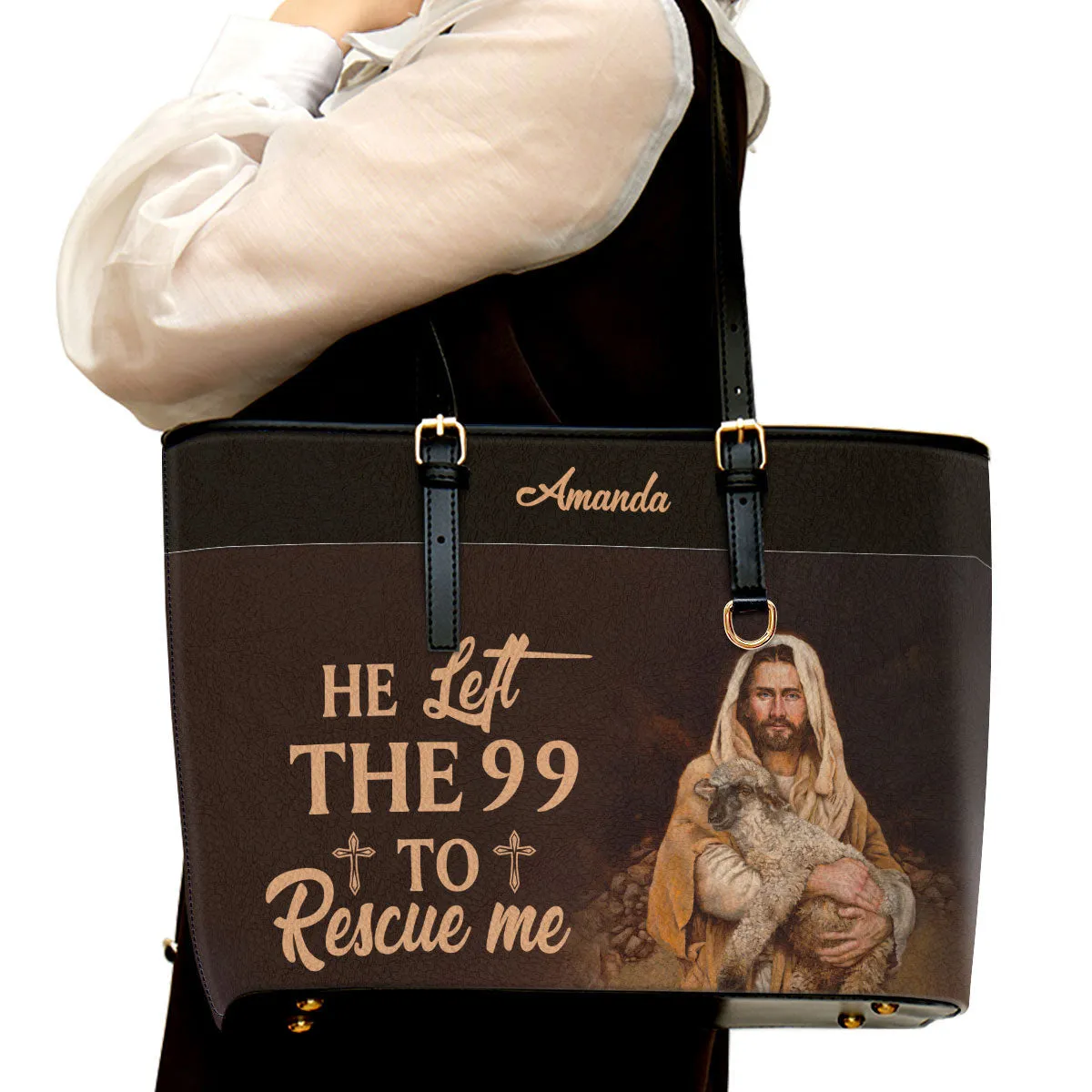 Personalized Large Leather Tote Bag He Left The 99 To Rescue Me - Spiritual Gifts For Christian Women