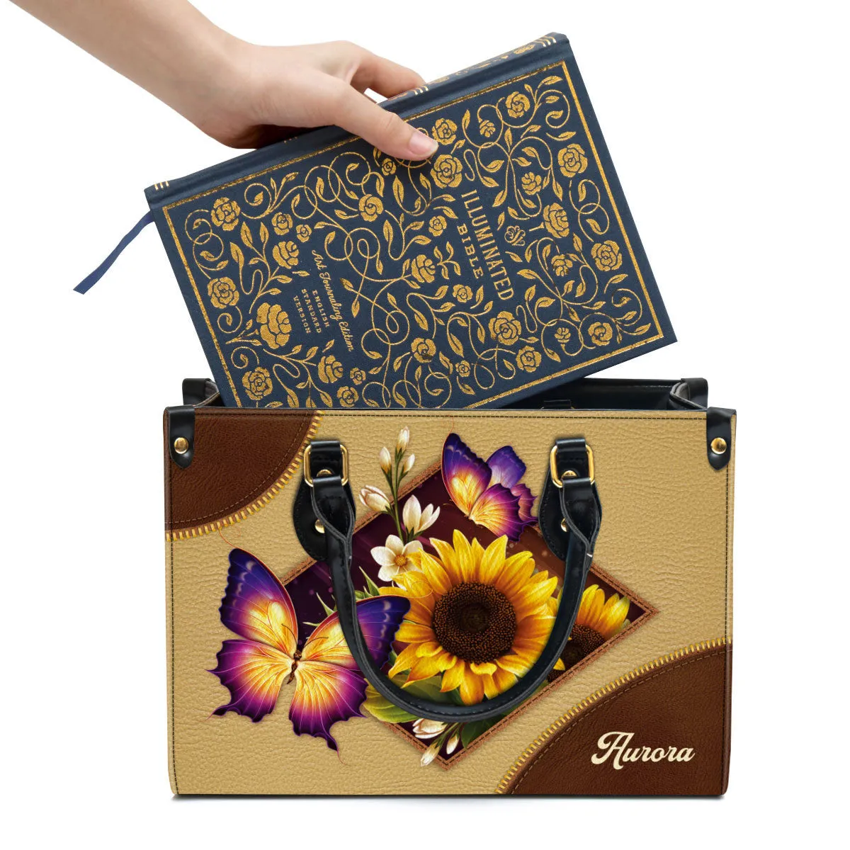 Personalized Sunflower And Butterfly Leather Handbag - Gifts For Women Of God