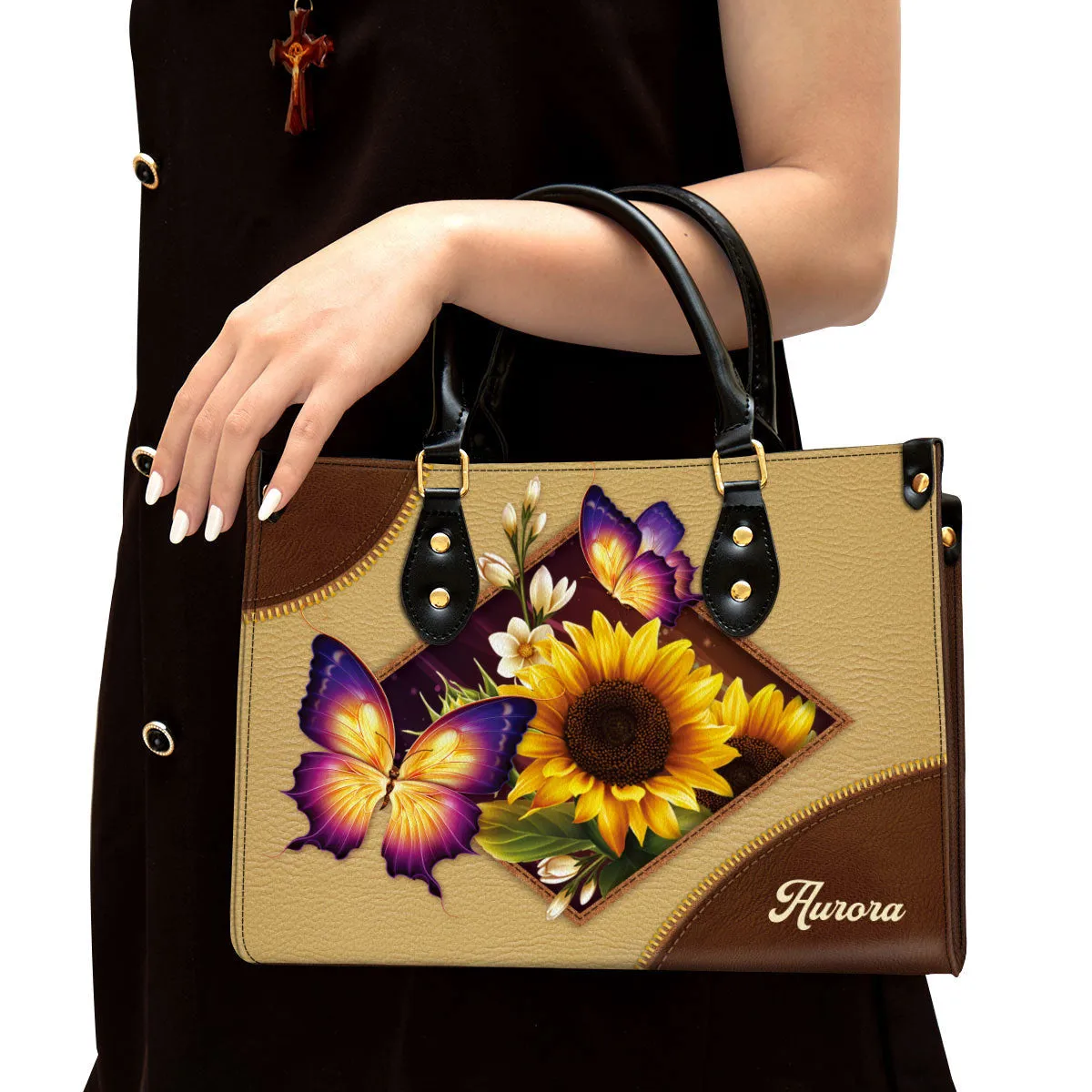 Personalized Sunflower And Butterfly Leather Handbag - Gifts For Women Of God