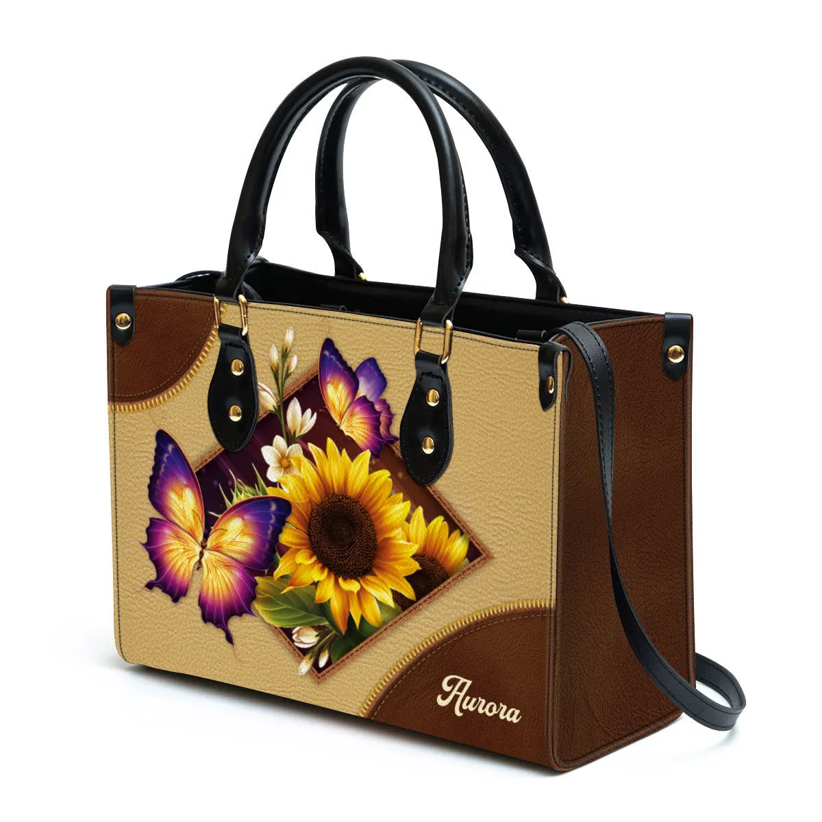 Personalized Sunflower And Butterfly Leather Handbag - Gifts For Women Of God