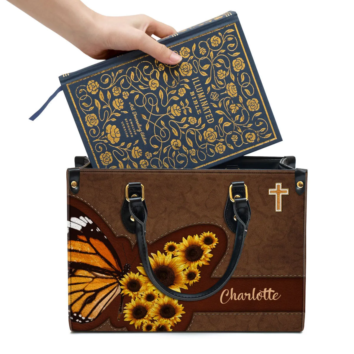 Personalized Sunflower Leather Handbag With Handle Religious Gifts For Christian Women