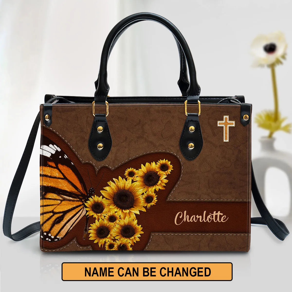 Personalized Sunflower Leather Handbag With Handle Religious Gifts For Christian Women