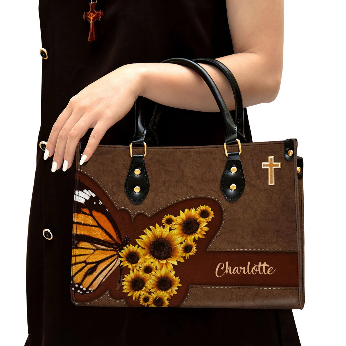 Personalized Sunflower Leather Handbag With Handle Religious Gifts For Christian Women