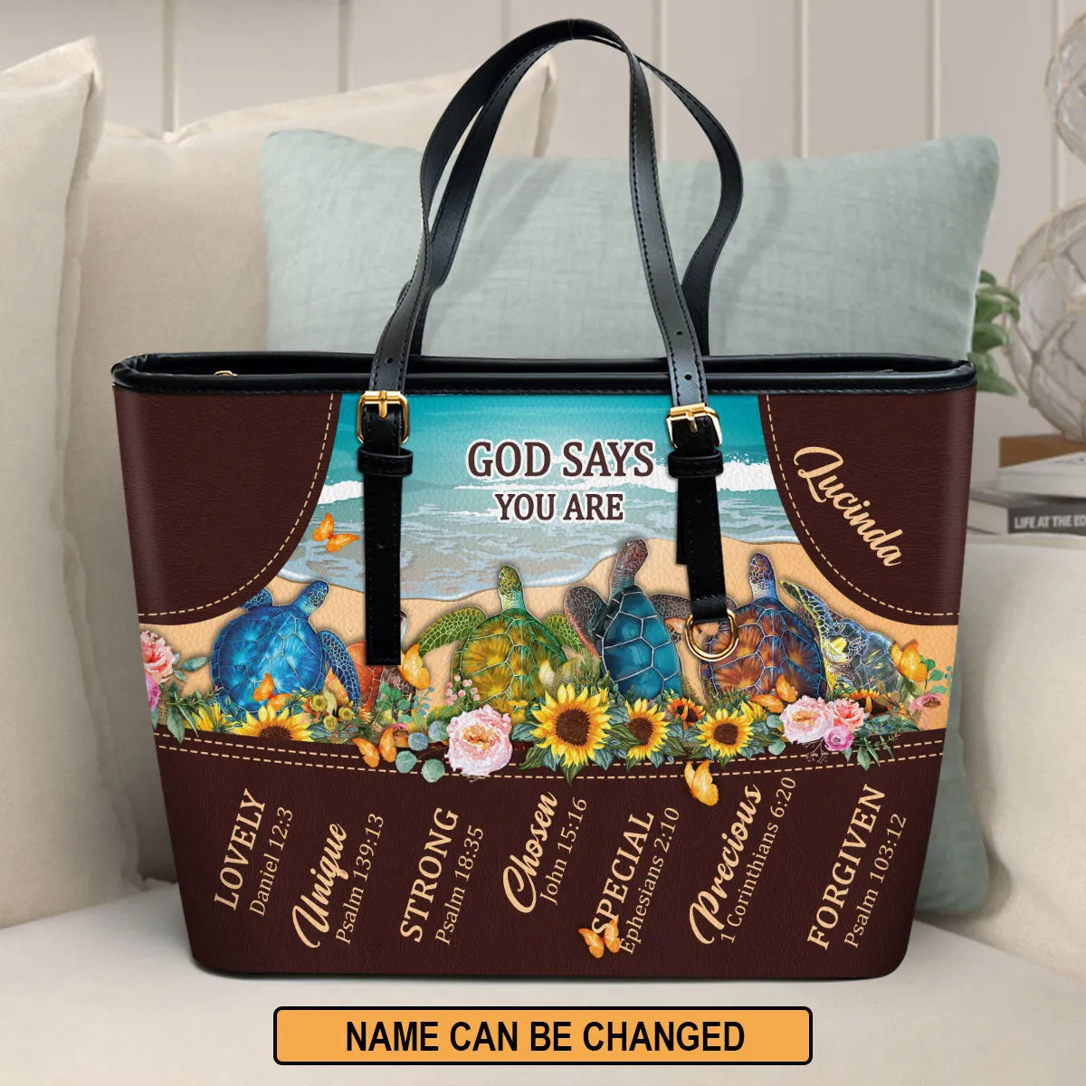 Personalized Turtle Large Leather Tote Bag God Says You Are Special - Religious Gifts For Women Of God