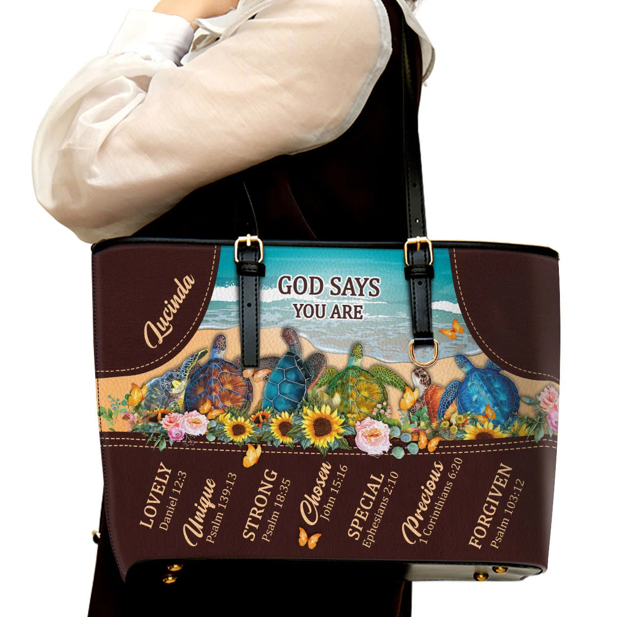 Personalized Turtle Large Leather Tote Bag God Says You Are Special - Religious Gifts For Women Of God