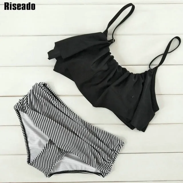 Riseado High Waist Swimwear Women New 2017 Ruffle Vintage Bikini Swimsuit Bandage Striped Bottom Bathing Suits