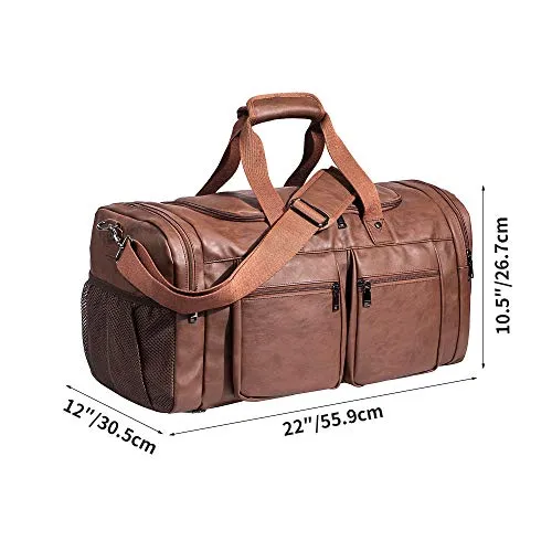 Seyfocnia Leather Travel Bag with Shoe Pouch,Weekender Overnight Bag Waterproof Leather Large Carry On Bag Travel Tote Duffel Bag for Men or Women-Brown