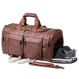 Seyfocnia Leather Travel Bag with Shoe Pouch,Weekender Overnight Bag Waterproof Leather Large Carry On Bag Travel Tote Duffel Bag for Men or Women-Brown