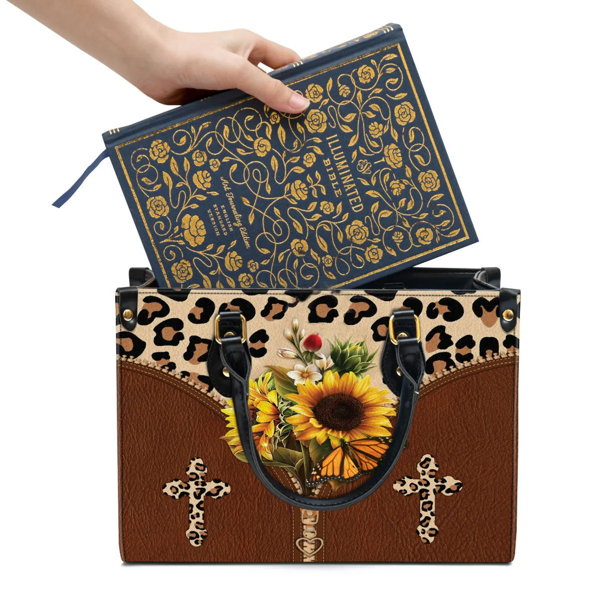 Sunflower Cross Leather Handbag 1 - Religious Gifts For Women - Women Pu Leather Bag