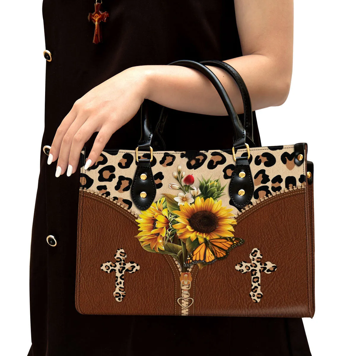 Sunflower Cross Leather Handbag 1 - Religious Gifts For Women - Women Pu Leather Bag