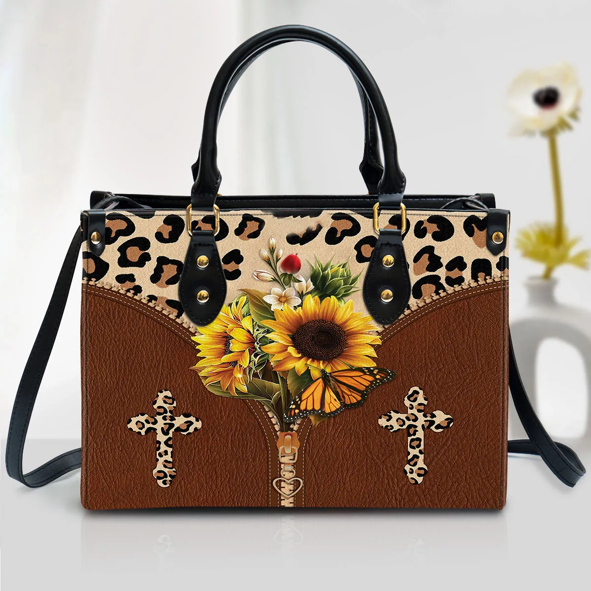 Sunflower Cross Leather Handbag 1 - Religious Gifts For Women - Women Pu Leather Bag