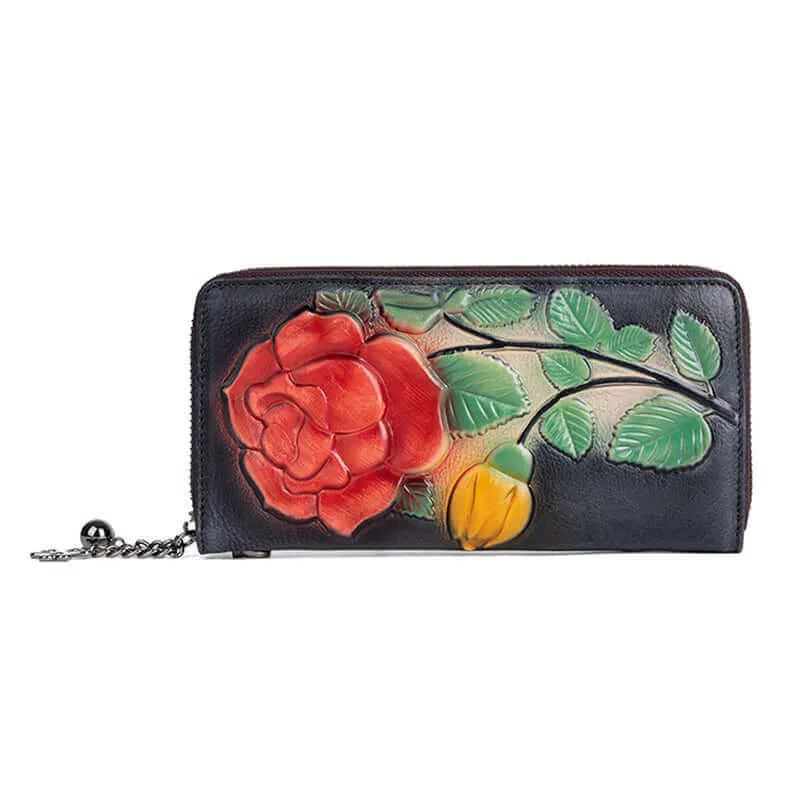 Vintage Embossed Leather Long Wallet for Women