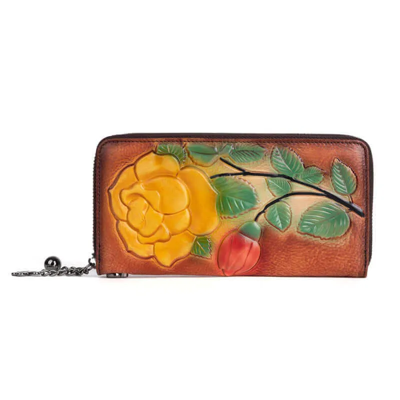 Vintage Embossed Leather Long Wallet for Women