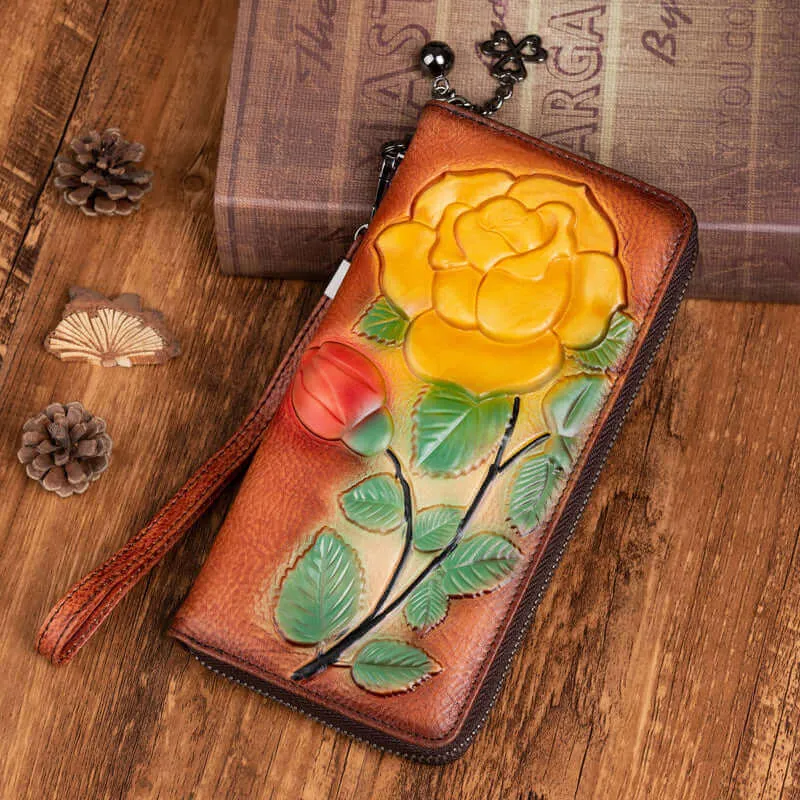 Vintage Embossed Leather Long Wallet for Women