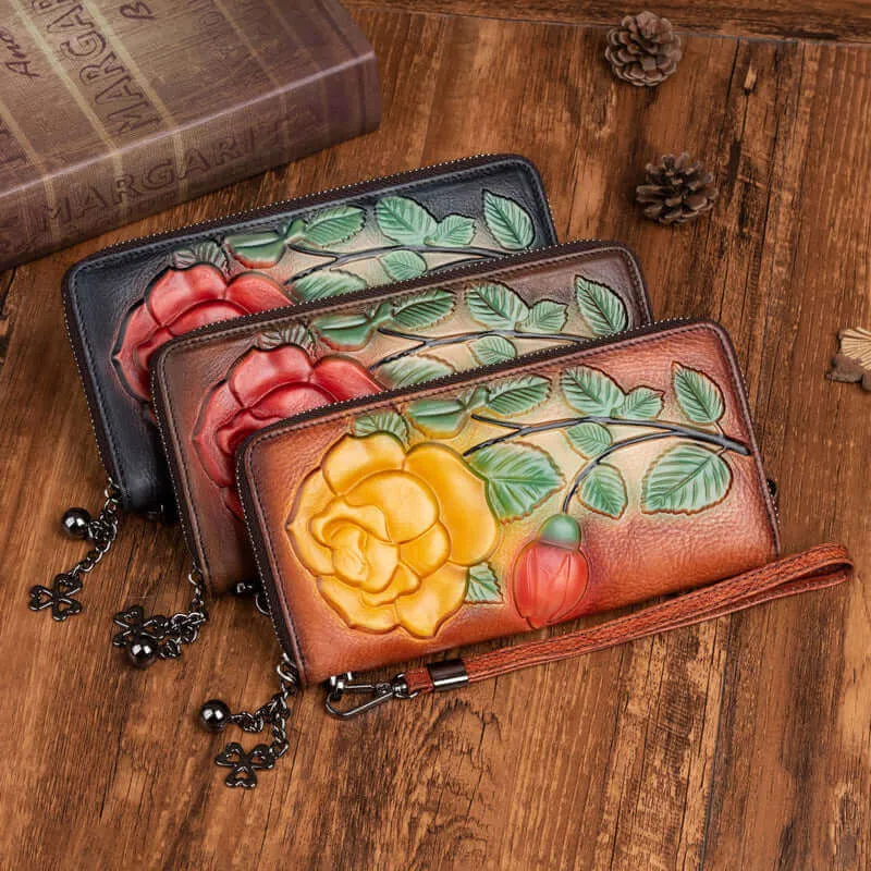 Vintage Embossed Leather Long Wallet for Women