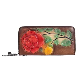 Vintage Embossed Leather Long Wallet for Women