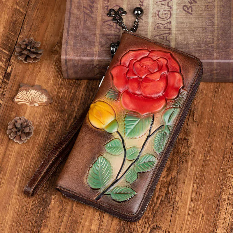 Vintage Embossed Leather Long Wallet for Women