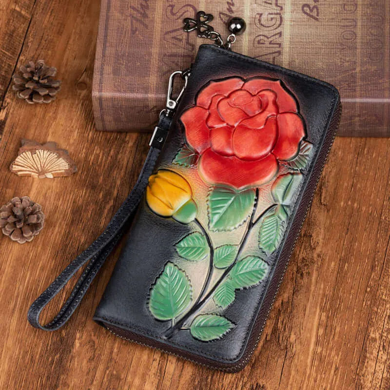 Vintage Embossed Leather Long Wallet for Women