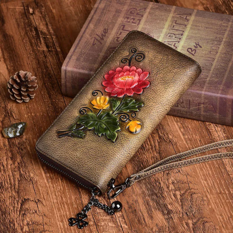 Vintage Embossed Leather Wallet with Wrist Strap for Women