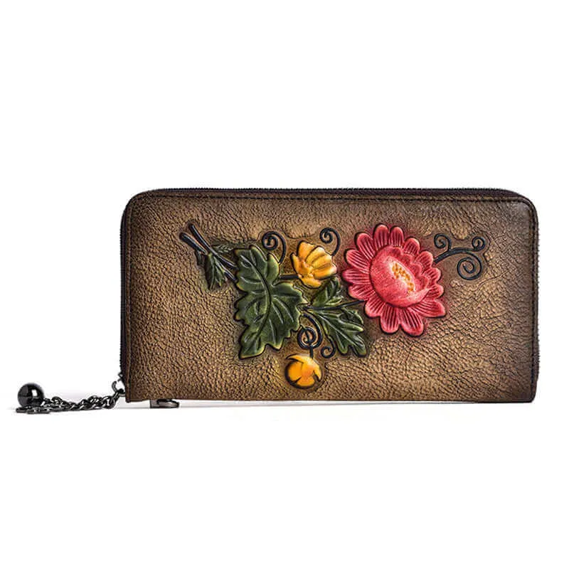 Vintage Embossed Leather Wallet with Wrist Strap for Women