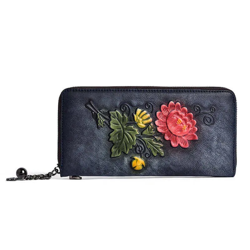 Vintage Embossed Leather Wallet with Wrist Strap for Women