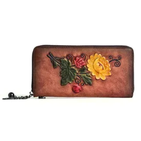 Vintage Embossed Leather Wallet with Wrist Strap for Women