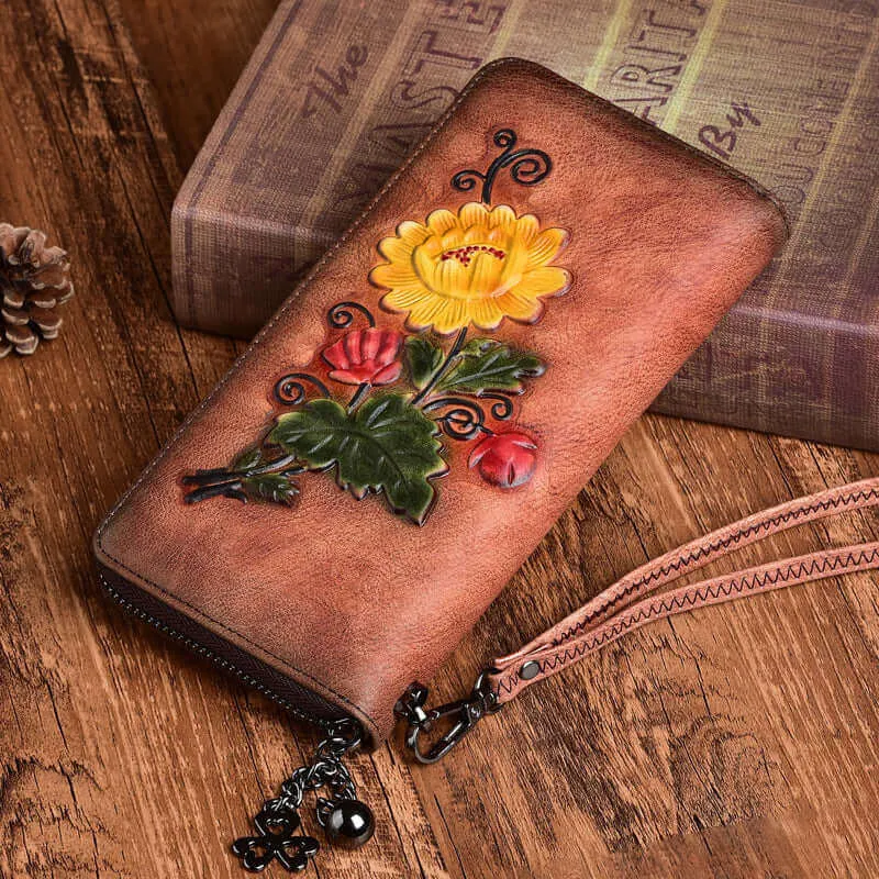 Vintage Embossed Leather Wallet with Wrist Strap for Women