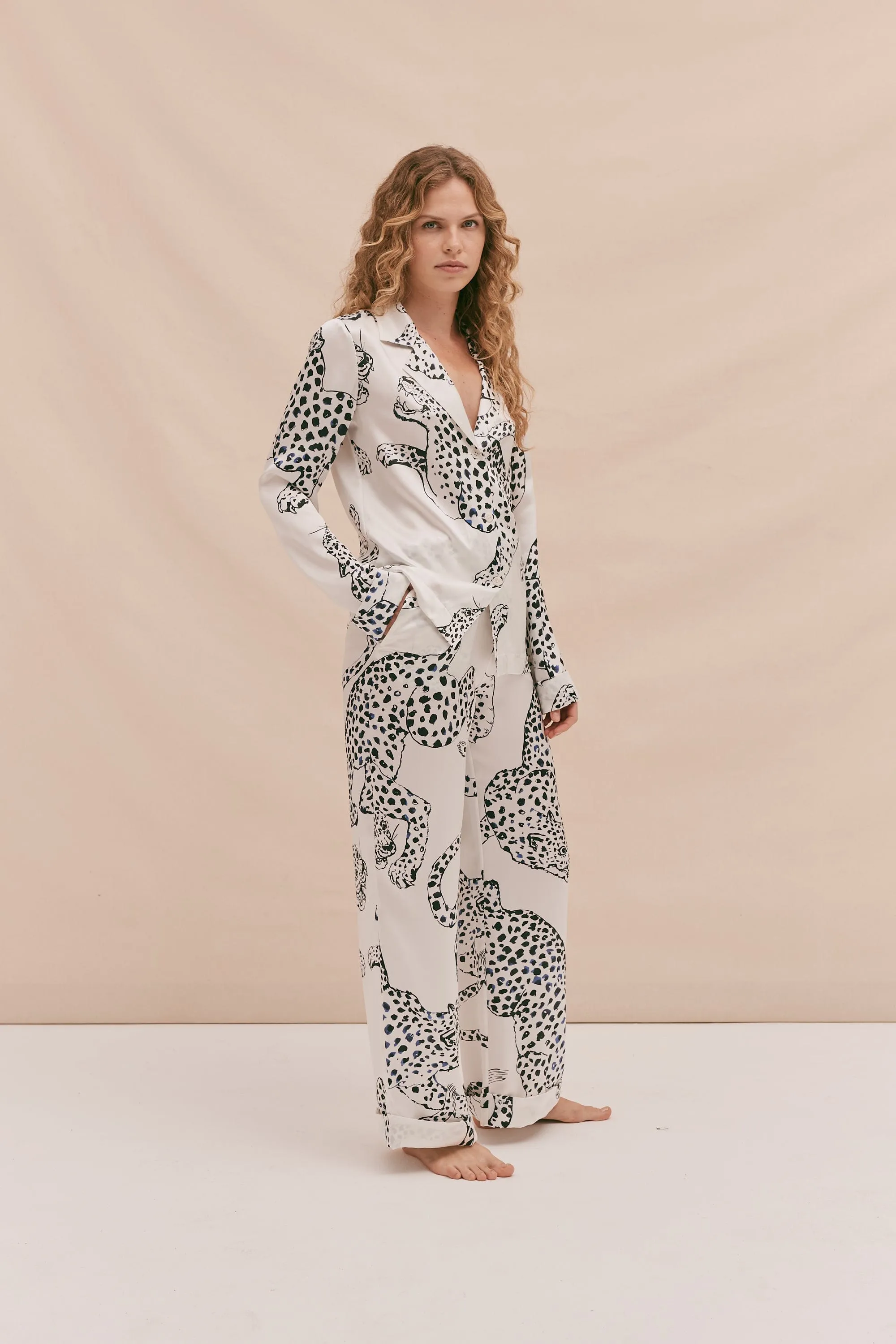 Washable Silk Long Pyjama Set The Jag Print Cream