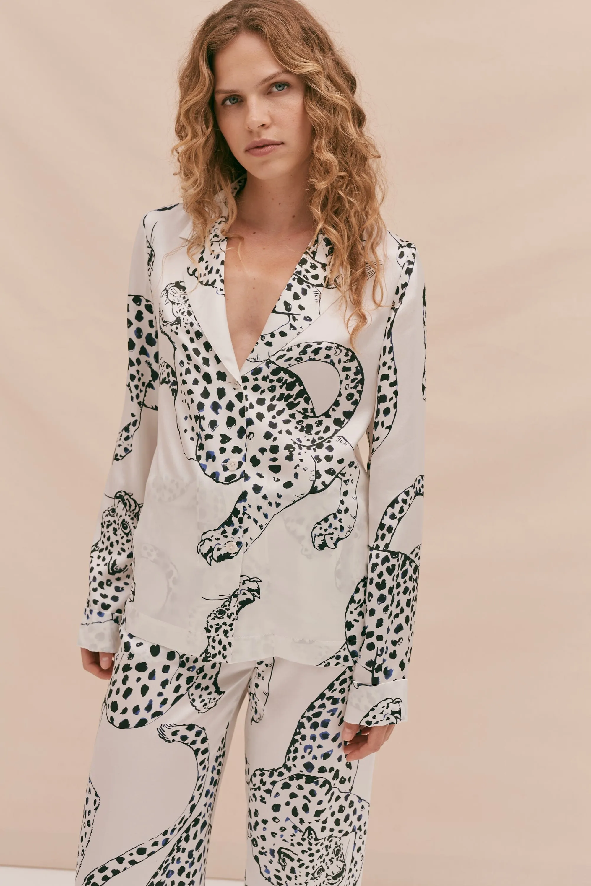 Washable Silk Long Pyjama Set The Jag Print Cream